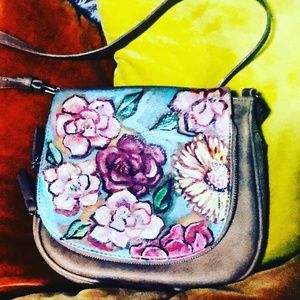 Sold -Gorgeous wearable  art! Floral hand painted  vegan leather purse